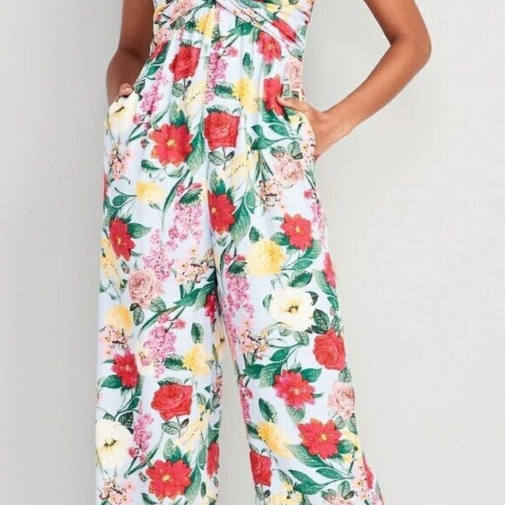 Old Navy Red and Pink Floral Jumpsuit with Sweetheart Neckline - Picture 1 of 3